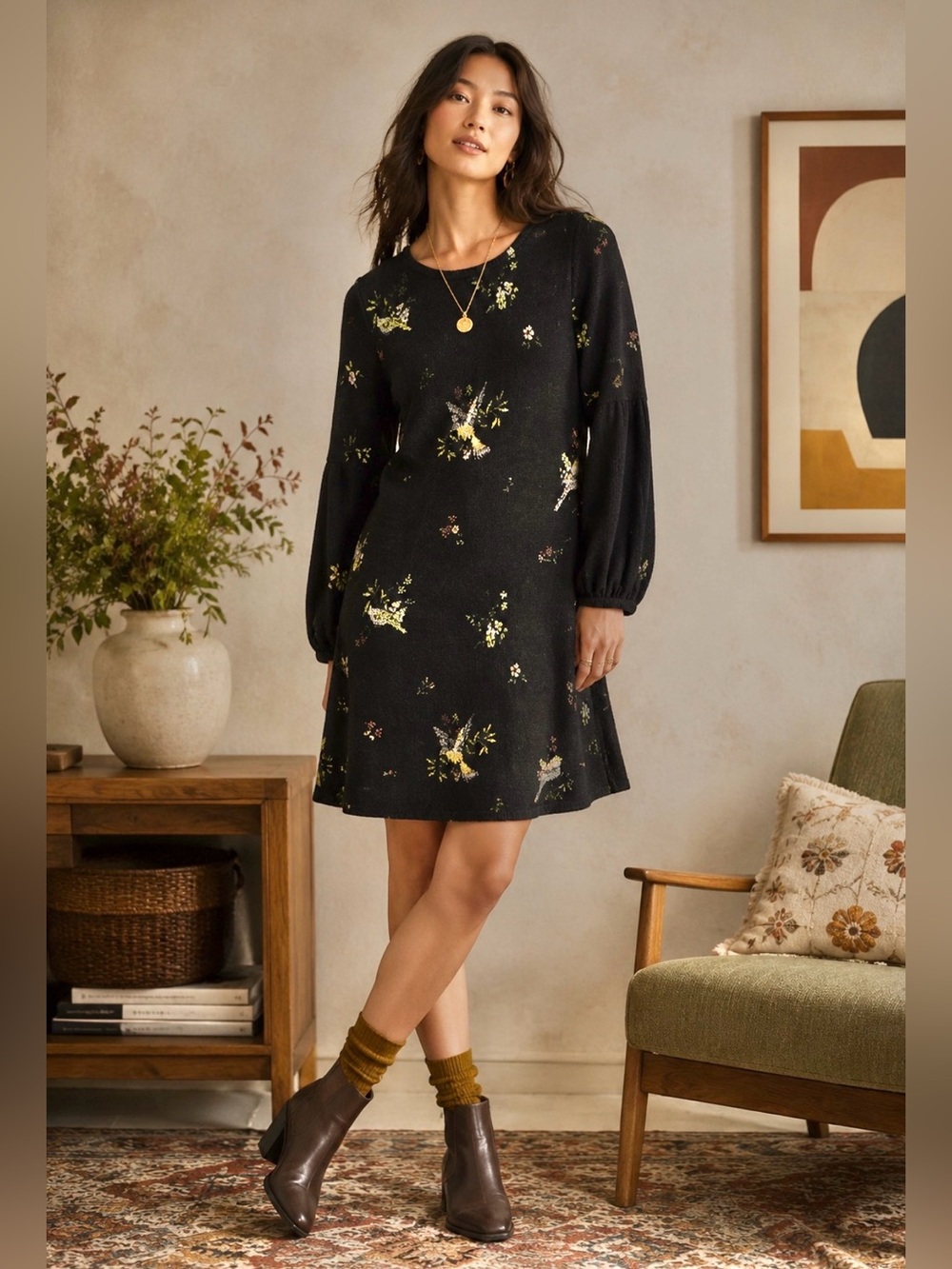 NWT ALDOMARTINS Womens XS Cherie Black Bird Floral Sweater Dress Anthropologie
